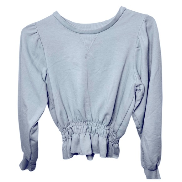 Almost Famous Light Blue Sweatshirt Women’s Small Puff Sleeve Smocked Hem - Picture 1 of 2